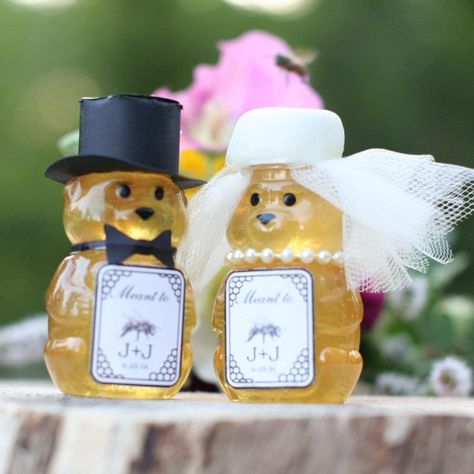 2 oz Honey Bear Bride and Groom Wedding Favors by Bee Lovely Botanicals - BeeLovelyBotanicals Bee Wedding Theme, She Found Her Honey, Bridal Shower Honey, Bride To Bee, Wedding Favors Rustic, Honey Favors, Meant To Bee, Honey Wedding Favors, Bee Wedding