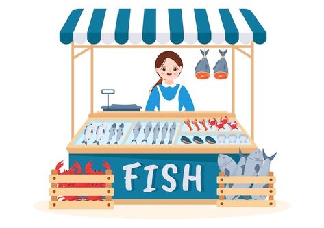 Fish store to market various fresh and h... | Premium Vector #Freepik #vector #seafood #fish-market #fish-shop #shrimp Market Drawing Easy, Fish Market Illustration, Fish Market Drawing, Market Cartoon, Fish Packaging, Market Background, Fresh Fish Market, Seafood Store, Fish Store