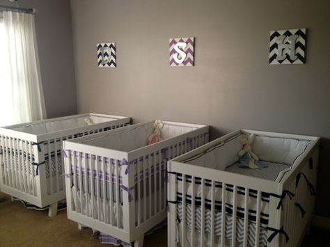 Simple, sweet nursery for triplets. Love the choice of the modern @babyletto Hudson crib. Triplets Nursery Ideas, Nursery For Triplets, Triplets Nursery Luxury, Twins Sharing Crib, Triplet Nursery Ideas, Triplet Nursery, Sims 3 Nursery Cc, Triplets Bedroom, Triplets Nursery