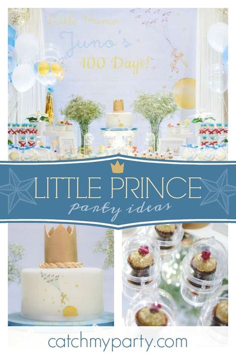 Be blown away by this gorgeous Little Prince birthday party! The cupcakes are so cute!! See more party ideas and share yours at CatchMyParty.com #catchmyparty #partyideas #littleprince #prince #boybirthdayparty #princeparty Le Petit Prince Baby Shower Ideas, The Little Prince Baby Shower Theme, The Little Prince Birthday Theme, Little Prince Birthday Theme, Baby Cakes Maker, Little Prince Birthday Party, Prince Birthday Theme, Prince Baby Shower Theme, Little Prince Party