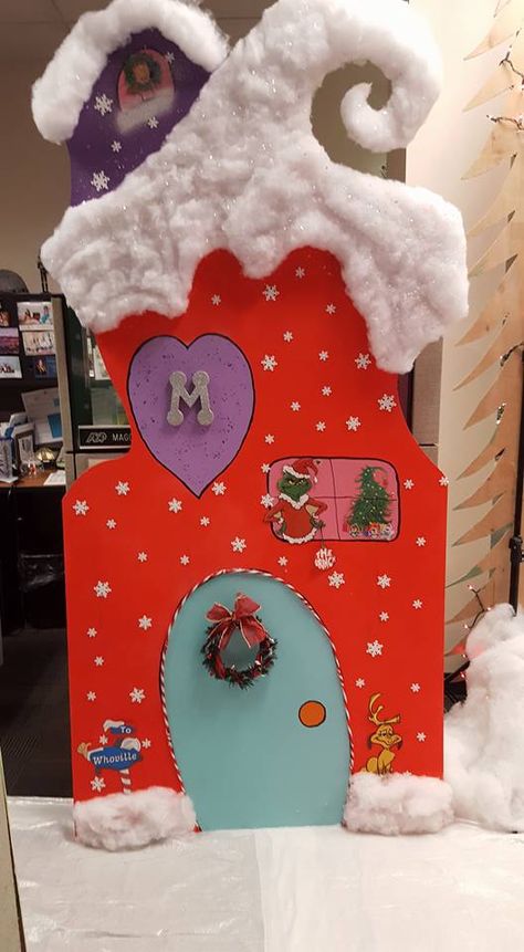 Whoville Christmas Office Decorations, Who Ville Decorations Diy, Whoville House Door Decoration, Christmas Whoville Decorations, Office Whoville Decorations, Whoville Christmas Decorations School, Cardboard Whoville House, Whoville Office Decor, Easy Grinch Door Decorations