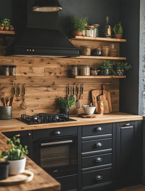 Working Room, Floating Shelves Living Room, Wooden Floating Shelves, Black Kitchen Cabinets, Rustic Kitchen Design, Cabin Kitchens, Bathroom Shelf, Kitchen Inspiration Design, Kitchen Redo