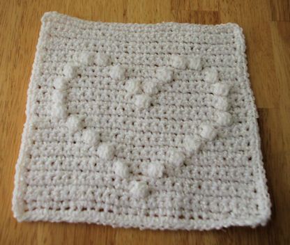 Puff Stitch Heart Afghan Square Crochet Pattern - Free Crochet Pattern Courtesy of Crochetnmore.com, (or dishcloth???) Crochet Square Pattern, Afghan Crochet Patterns Easy, Crochet Heart Blanket, Square Crochet Pattern, Crochet Bobble, Crochet Heart Pattern, Heart Square, Heart Photo, Crochet Blocks