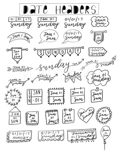 Date Headers, Hand Drawn Doodles, Bullet Journal Headers, Sketch Note, Bullet Journal Banner, Journal Fonts, Bullet Journal Notes, Bullet Journal Writing, Bullet Journal Inspo