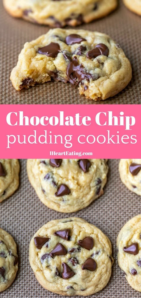 Soft chocolate chip cookies made with pudding mix Cookies Made With Pudding, Everything Cookies, Cookies Pudding, Bakery Chocolate Chip Cookies, Chocolate Chip Pudding, The Best Chocolate Chip Cookies, Chocolate Chip Pudding Cookies, Best Chocolate Chip Cookies, Best Chocolate Chip