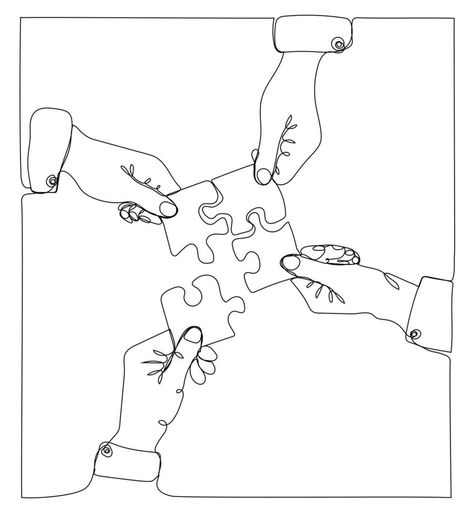 Continuous one line drawing of hands Combining  Puzzle Pieces Puzzle Sketch, Puzzle Line Art, Two Puzzle Pieces Drawing, Puzzle Piece Embroidery, Puzzle Pieces Graphic Design, Puzzle Drawing, Puzzle Pieces, Line Drawing, Cartoon Characters