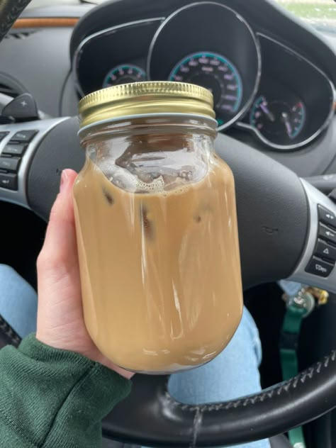 Iced coffee in a jar is the best idea Coffee In A Mason Jar, Mason Jar Iced Coffee, Mason Jar Coffee Aesthetic, Coffee In Mason Jar, Mason Jar Coffee, Coffee Mason Jar, Coffee Jar, Coffee Aesthetics, Coffee On The Go