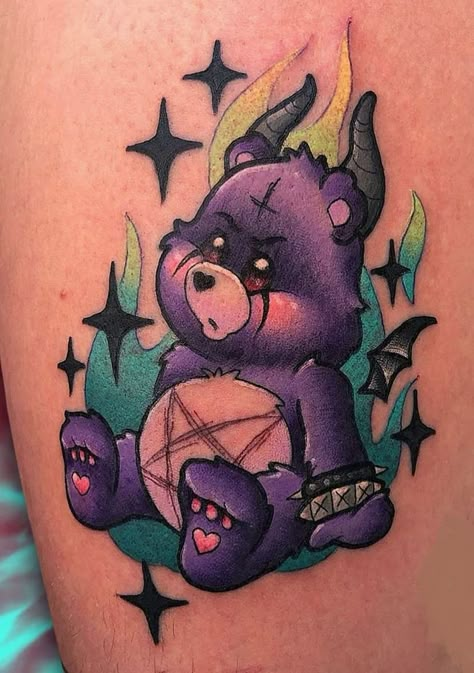 evil care bear colouful tattoo Care Bear Tattoo, Bear Tattoo Meaning, Tattoo Cartoon, Care Bear Tattoos, Matching Friend Tattoos, Bear Tattoo Designs, Bear Paw Print, Bright Tattoos, Petit Tattoo