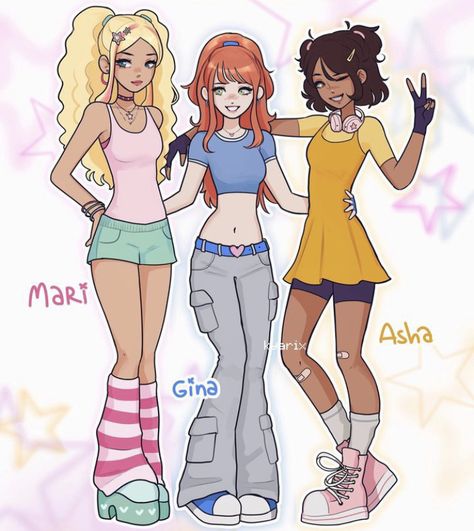 Mean Girl Character Design, Three Sisters Drawing, Cartoon Characters Outfits Ideas, Kyarix Art, Twins Art Drawing, Free Character Design, Art Style Challenge, Art Sketches Doodles, Cartoon Girls