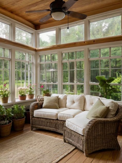 Sunroom Open Windows, French Door Sunroom, Light Green Sunroom, Three Seasons Porch, Australian Country House Interior Design, Cabin Sunroom Ideas, All Seasons Room Ideas, Square Sunroom, Small Sun Porch