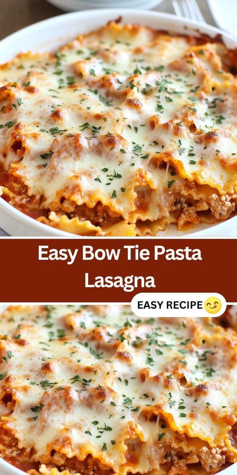 Discover the ultimate comfort food with this Easy Bow Tie Pasta Lasagna recipe. Combining tender bow tie pasta, creamy cheese, and seasoned ground beef, this one-dish meal is perfect for busy weeknights. Learn how to make this simple and delicious pasta bake in under 30 minutes, featuring a melty mozzarella topping that your family will love. Perfect for meal prep or potlucks, this crowd-pleasing dish is sure to satisfy everyone’s cravings. Lasagna With Bow Tie Pasta, Bow Tie Pasta Lasagna Bake, Bow Tie Pasta Lasagna, Pasta Potluck Recipes, Bow Tie Lasagna, Bow Tie Pasta Recipes, Firehouse Meals, Bow Tie Pasta Recipe, Pasta Lasagna