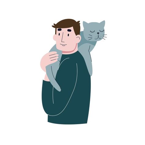 A young man carrying a cute cat. A man hugging a cat. Flat vector illustration. Man With Cat Illustration, Man And Cat Illustration, Man And Cat Drawing, Holding Cat Illustration, Guy Holding Cat, Holding Cat Drawing, Ar Book, Men With Cats, Man Hug