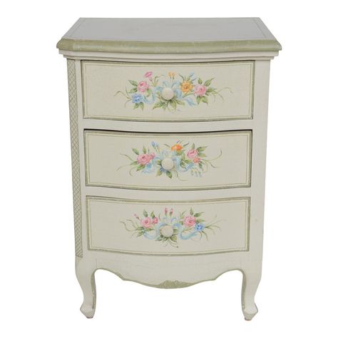 1990s vintage British hand-painted flower pattern bedside table.  size:   21"   *   17"   *   31" Floral Bedside Table, Floral Painted Nightstand, Vintage Flower Bedroom, Bedside Table Vintage, Coquette Bedside Table, Vintage Furniture Aesthetic, Nightstand Painting Ideas, Drawer Painting Ideas, Cute Bedside Tables