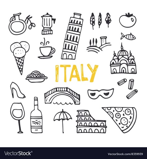 Italy Symbols, Italian Symbols, Italy Tattoo, Italy Illustration, Italian Tattoos, Pisa Tower, Doodle Tattoo, Cute Little Tattoos, Diy Embroidery Designs