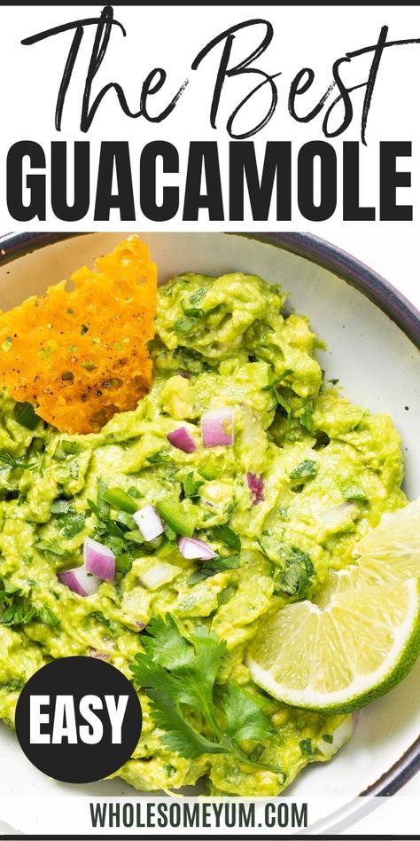 The Best Homemade Guacamole Recipe (Chipotle Copycat) - The best homemade guacamole recipe (a Chipotle copycat) in just 5 minutes! It's the ultimate guide for how to make guacamole, keep it from turning brown, nutrition, tips, and more. #wholesomeyum #guacamole #avocados #chipotle #guac #avocadorecipes Guacamole Recipe Chipotle, Wholesum Yum, Best Homemade Guacamole, Chipotle Guac, Chipotle Guacamole Recipe, Keto Apps, Keto Veggie Recipes, Chipotle Guacamole, Keto Dips