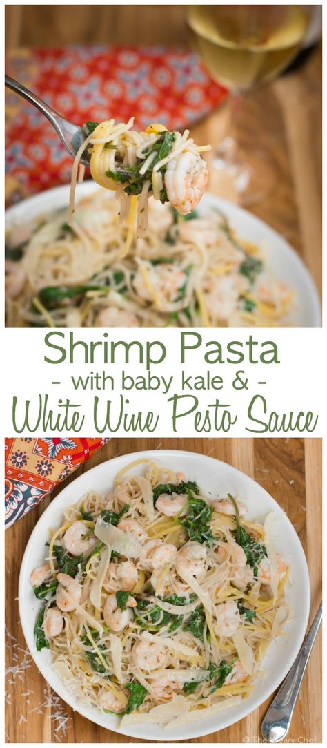 Easy Shrimp Pasta, Pasta With Pesto, Gf Pasta, Cooking With Wine, Baby Kale, White Wine Sauce, White Wines, Easy Shrimp, Perfect Pasta