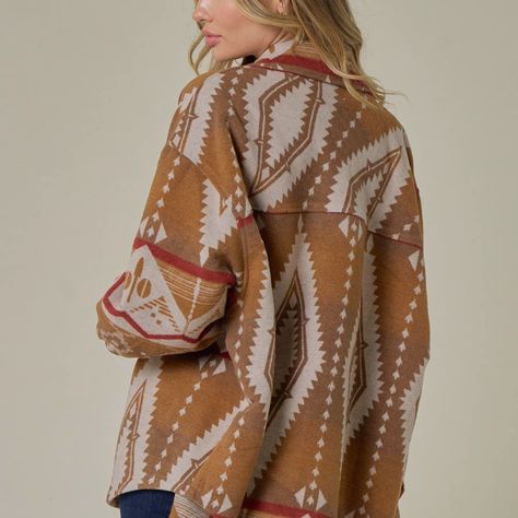 100%Polyester Oversized Shacket Santa Fe Style Clothing, Santa Fe Fashion, Cowgirl Closet, Top Halloween Costumes, Woven Shawls, Oversized Shacket, Faux Fur Cropped Jacket, Outdoor Coats, Santa Fe Style