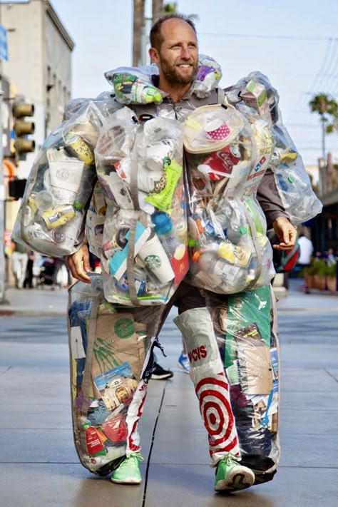 Eco Activist Spent 30 Days Wearing His Trash — And by the End of the Month It Weighed 72 Lbs. Clothes From Trash, Clothes From Recycled Materials, Trashion Show Recycled Fashion Men, Trash Clothes, Fashion Made Out Of Trash, Trash Monster, Trash Clothing, Fashion Waste Pollution, Beginner Macrame Projects