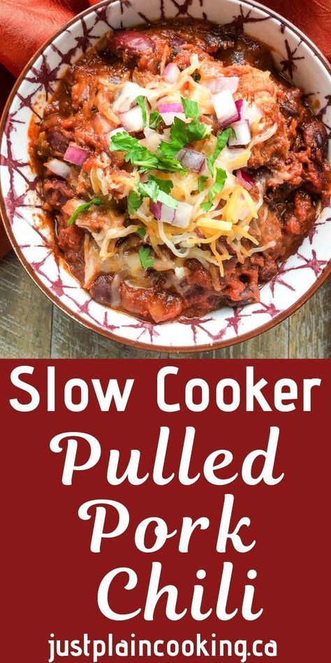 Bbq Pulled Pork Chili, Chili With Pulled Pork, Pulled Pork Chili Crockpot, Pork Shoulder Chili, Flavorful Chili Recipe, Pulled Pork Chili Recipe, Recipe For Pulled Pork, Easy Homemade Chili Recipe, Bbq Leftovers