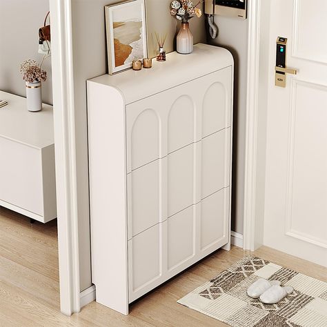 PRICES MAY VARY. ✔Hidden Shoe Cabinet Space-Saving Design: Our freestanding tipping shoe cabinet is the perfect solution for entryways, hallways, and closets with limited space. Its narrow design allows it to fit seamlessly into tight areas, making it an excellent addition to small apartments or homes. ✔Organized Shoe Storage: With its 3-tier tipping bucket design, this shoe cabinet offers ample storage for all your footwear needs. The tilted shelves not only provide easy access to your shoes bu Shoe Storage Furniture Ideas, Bucket Shoes, Closet Shoe Organization, Hidden Shoe Cabinet, Tall Shoe Cabinet, Hidden Shoe Storage, Vintage Entryway, Shoe Organizer Entryway, European Living Room