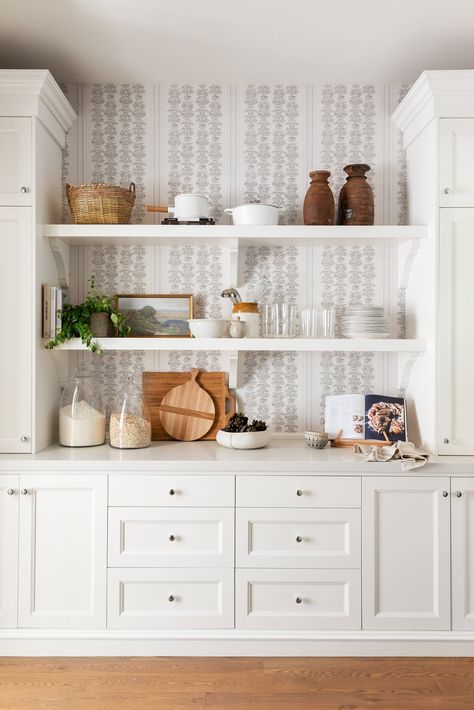 Modern Farmhouse Pantry Wallpaper, Wallpaper Behind Shelves Kitchen, Wallpaper Behind Open Shelves, Floating Shelves With Dishes, White Kitchen With Wallpaper, Pantry Wallpaper Ideas Modern, Kitchens With Wallpaper, Pantry With Wallpaper, Pantry Wallpaper Ideas