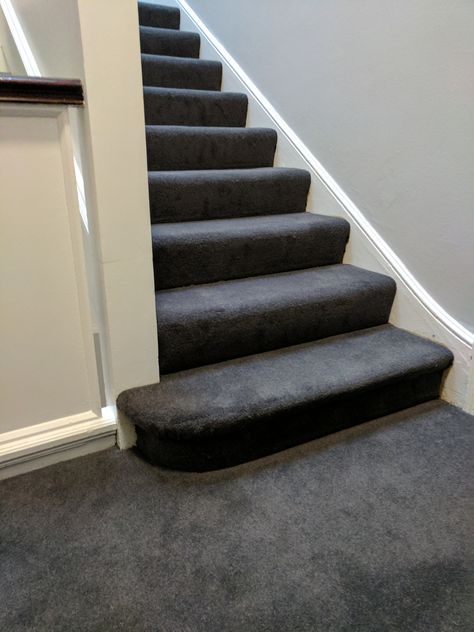 Dark Grey stair and landing installation by B&R Carpet Company #stairs #carpet #bandrcarpet #grey Stair Carpet Ideas Grey, Stair Runner Carpet Grey, Carpet Stairs Uk, Stairway Carpet Uk, Bedroom Carpet Colors, Grey Carpet Hallway, Grey Stair Carpet, Grey And White Fleck Stair Carpet Uk, Dark Grey Carpet