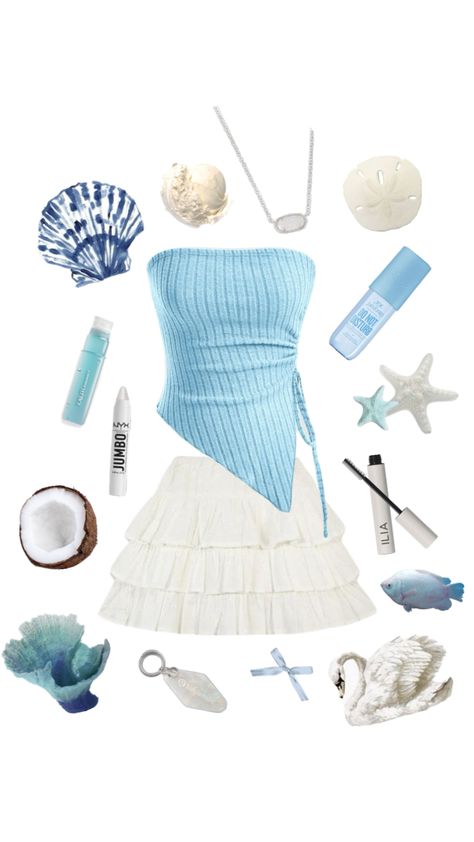 #beach #ocean #blue #shuffles Oceanic Outfits, Ocean Girl Aesthetic Outfits, Ocean Aesthetic Clothes, Ocean Themed Outfits, Under The Sea Outfit, Girls Party Outfits, Ocean Outfits, Style 2025, Clothing Board