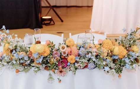 Sweetheart Table Wedding Colorful, Wildflower Bride And Groom Table, Brides Table Decorations, Sweetheart Table Wedding Wildflower, Wildflower Sweetheart Table, Sweetheart Table Ground Flowers, Sweetheart Table Wildflowers, Wild Flower Sweetheart Table, Main Table Wedding