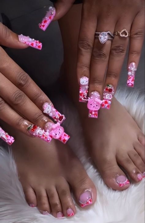 Medium Nail Set, Hello Kitty Matching, Funky Nail Designs, Toes Nails, Acrylic Toe Nails, Cute Toe Nails, Drip Nails, Girly Acrylic Nails, Dope Nail Designs