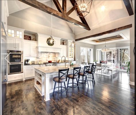 Large Open Kitchen Ideas, Huge Farmhouse Kitchen, Modern Farmhouse Interior Design Ideas Living Room, Dream Dining Room Farmhouse, Farmhouse Kitchen Vaulted Ceiling, Open Floor Plan Living Room And Kitchen Farmhouse, Big Open Kitchen And Living Room, Large Open Kitchen And Living Room, Farm Houseplans Interior Design Kitchen