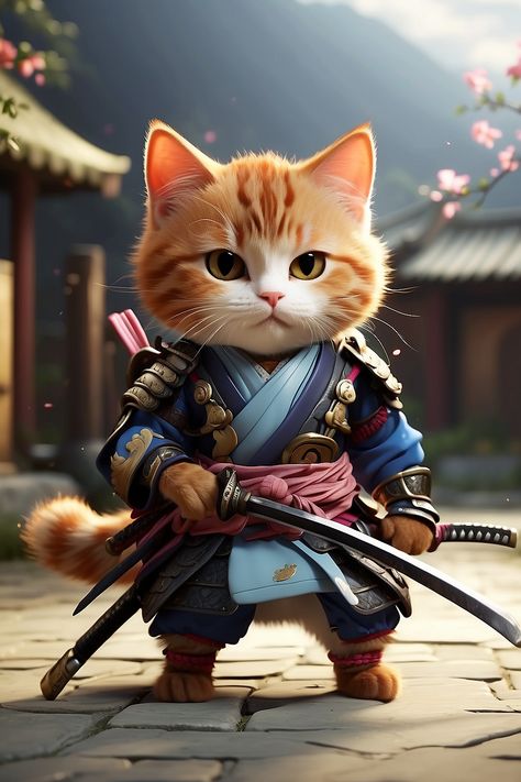 cute cat samurai fighting HD 4K 7 Cat Samurai, 7 Design, Cute Cat, Design