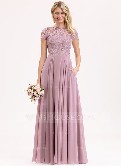 [£95.00] A-Line Scoop Neck Floor-Length Chiffon Lace Bridesmaid Dress With Pockets Short Sleeve Bridesmaid Dress, Mauve Bridesmaid, Mauve Bridesmaid Dress, Lace Chiffon Bridesmaid Dress, Princess Bridesmaid Dress, Lace Bridesmaid Dress, Prom Dresses With Pockets, Sleeveless Bridesmaid Dresses, Floor Length Prom Dresses