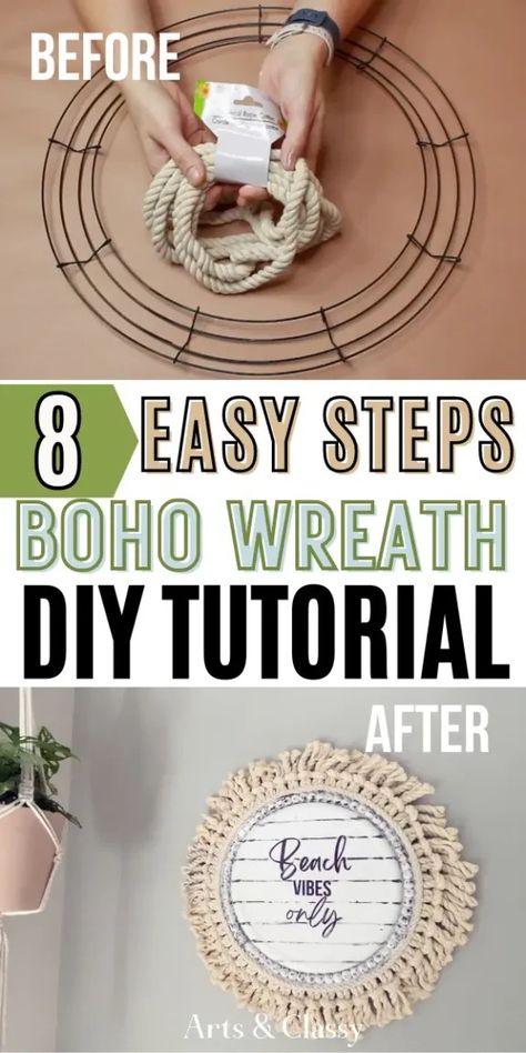 Looking to add a touch of coastal charm to your home? This boho wreath DIY project is perfect for you! Using a Dollar Tree plastic platter, nautical rope, and a free Beach Vibes Only printable, you can create a beautiful, beachy wreath that’s both budget-friendly and stylish. Follow my step-by-step guide to bring this stunning piece of decor to life and add a breezy beach vibe to any space. Decorative Rope Ideas, Boho Crafts Diy Decor Dollar Tree, Boho Wreath Ideas, Dollar Tree Boho Diy, Nautical Wreath Ideas, Beachy Wreath, Nautical Rope Wreath, Boho Decor Diy Bohemian Homes, Diy Dollar Tree Fall Decor