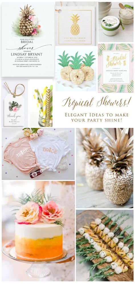 Tiki Bridal Shower Ideas, Bridal Shower Ideas Tropical, Bridal Shower Island Theme, Tropical Bridal Shower Food Ideas, Pineapple Themed Bridal Shower Ideas, Caribbean Bridal Shower Theme, Tropical Shower Ideas, Tropical Theme Bridal Shower Decor, Hawaii Themed Bridal Shower Ideas