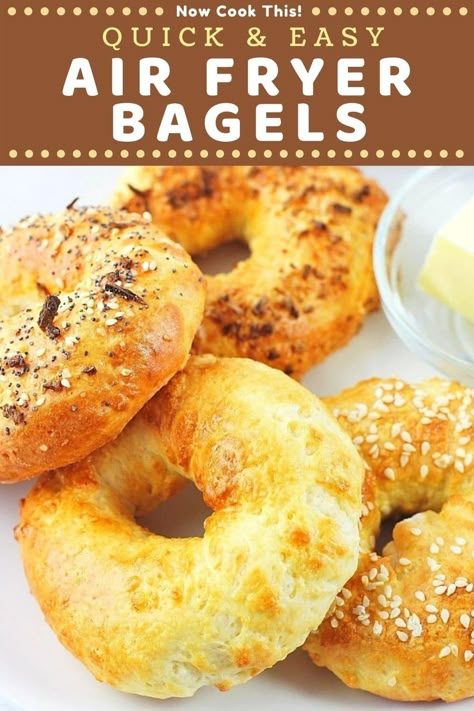 These Quick and Easy Air Fryer Bagels are made with 5 simple ingredients, including Greek yogurt (but no yeast), and are ready to eat in just 30 minutes. Plus, they're lower in calories than most store-bought bagels and less expensive too. You've got to try them to believe how good they are! Get the recipe and give it a go! #airfryerbagels #noyeastbagels #bagels #airfryerrecipes Homemade Bagels Air Fryer, Easy Air Fryer Bagels, Airfryer Bagel Recipe, Greek Yogurt Bagels 2 Ingredients Air Fryer, Airfry Bagel, 2 Ingredient Bagels Air Fryer, Air Fried Bagels, Air Fryer Greek Yogurt Bagels, Air Fry Bagels