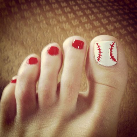 Baseball nail art! Baseball Toe Nail Designs, Baseball Toenails, Baseball Pedicure, Baseball Nail Designs, Baseball Nails, Pedi Ideas, Baseball Stuff, Nail Stuff, Toe Nail Designs