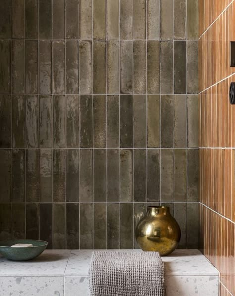 Hoxton Olive Gloss Porcelain, Soho House Style Bathroom, Burnt Orange Tile Bathroom, Small Earthy Bathroom, Soho House Bathroom, Neutral Bathroom Ideas Earth Tones, Mandarin Stone, Rectangle Tiles, Indoor Tile