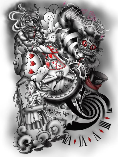 Alice In Wonderland Tattoo Sleeve Tim Burton, Half Sleeve Tattoos For Women Alice In Wonderland, Halloween Themed Leg Sleeve Tattoo, Dark Alice Tattoo, Alice In Wonderland Tattoo Sleeve Ideas, Dark Alice In Wonderland Tattoo, Alice In Wonderland Tattoo Designs, Dark Alice In Wonderland Tattoo Ideas, Underdog Tattoo