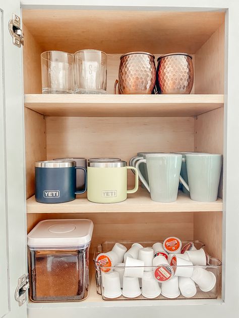 Coffee Organization Ideas, Organized Coffee Station, Coffee Organizer, Coffee Organization, Coffee Cabinet, Cabinet Glass Doors, Tea Organization, Pastel Home Decor, Organizer Ideas