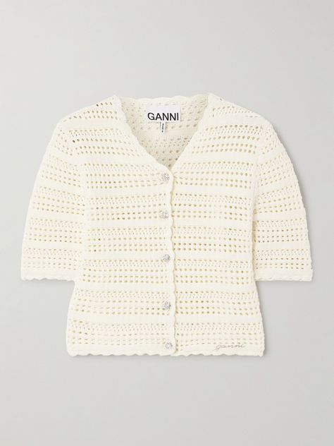 GANNI's cardigan is pointelle-knitted with rows of small circles, creating a breathable open-construction. It's spun from lightweight organic cotton and has a slim fit and cropped hem. The scalloped trims offer a sweet finishing touch. Pointelle Knit Cardigan, Luxury Casual Pointelle Knit Cardigan, Daywear Pointelle Knit Cardigan, Fitted Pointelle Knit Button-up Cardigan, Chic Button-up Pointelle Knit Cardigan, Simplicity Fashion, Summer Cardigan, Floral Dresses Short, Exclusive Dress