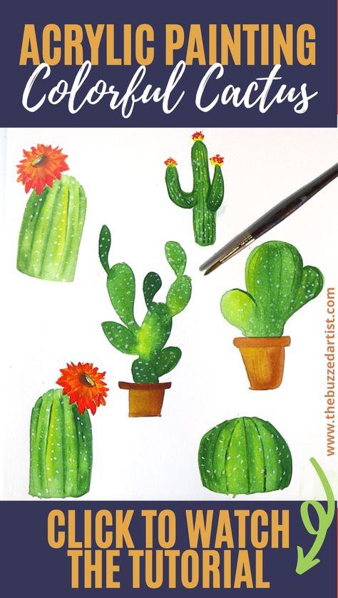 Cactus acrylic painting tutorial for beginners How To Paint A Cactus Easy, How To Paint A Cactus Step By Step, Painting Succulents, How To Paint Cactus Acrylic, Cacti Paintings Acrylic, Cactus Paintings, Succulent Painting, Cactus Painting, Dried Flower Wreaths