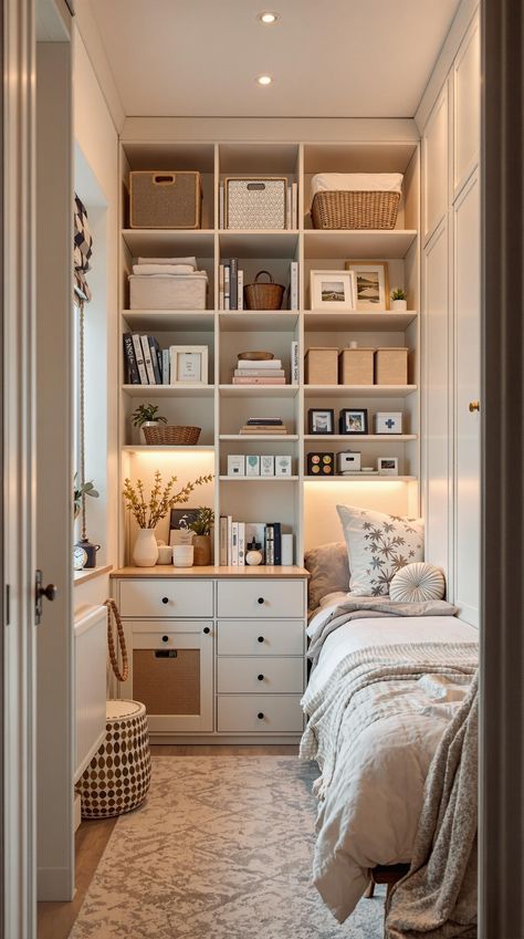 Tiny Bedroom Decor Open Bedroom Shelves, Open Shelf Bedroom Storage, Box Room Storage Ideas Bedrooms, Wall Mounted Cabinet Bedroom, Bedroom Wall Storage Ideas Space Saving, Tiny Storage Ideas, Bedroom With Built In Shelves, Room With Storage Ideas, Tiny Box Room Bedroom Ideas