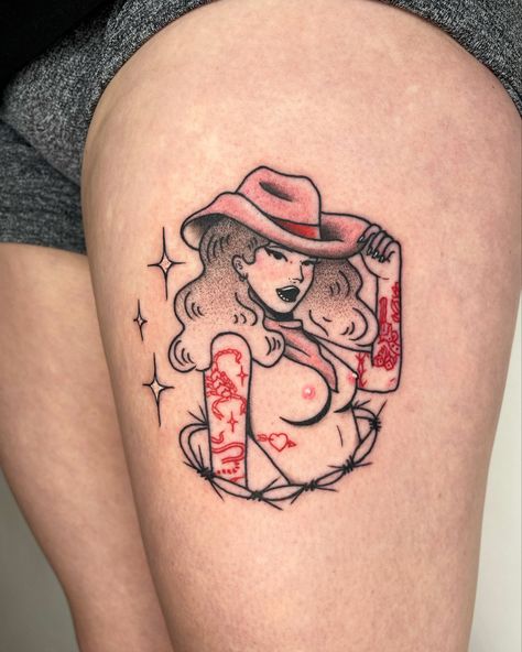 Pinup Style Tattoo, Pinup Tattoo Cowgirl, Modern Pinup Tattoo, Burlesque Tattoo Ideas, Austin Powers Tattoo, Neo Traditional Pinup Tattoo, Trad Pinup Tattoo, Fat Pinup Tattoo, Naked Pinup Tattoo