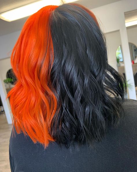 Black And Neon Orange Hair, Half Orange Half Black Hair, Orange And Black Split Dye, Half Black Half Orange Hair, Half N Half Hair Color, Half And Half Hair Color, Black And Orange Hair, Halloween Hair Dye, Orange And Black Hair