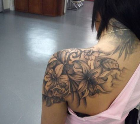 Shoulder Tip Tattoo, Lilly Shoulder Tattoos For Women, Off The Shoulder Tattoos For Women, Shoulder To Back Tattoo For Women, Back Tattoo Women Cover Up, Shoulder Tattoo Cover Up, Upper Back Shoulder Tattoo, Shoulder Tattoo Cover Up For Women, Sleeve Shoulder Tattoo