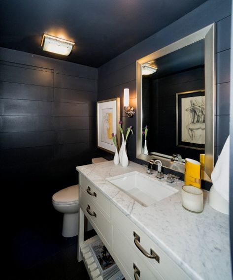 Navy Shiplap Walls with Navy Ceiling - Cottage - Bathroom Navy Shiplap, Navy Ceiling, Shiplap Bathroom Wall, Shiplap Paneling, Shiplap Ceiling, Shiplap Bathroom, Field House, Shiplap Walls, Small Toilet Room