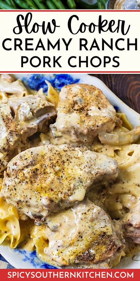 Slow Cooker Creamy Ranch Pork Chops- only 6 ingredients needed to make this incredibly creamy and flavorful pork chop dinner. Creamy Ranch Pork Chops, Creamy Ranch Sauce, Pork Crockpot Recipes, Pork Chop Recipes Crockpot, Rice And Vegetables, Slow Cooker Recipes Pork, Ranch Sauce, Ranch Pork Chops, Pork Chop Recipes Baked