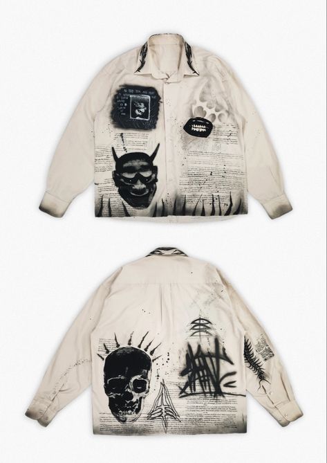 Custom hand painted and screen-printed 90s oversized gothic shirt Cool Shirt Designs Men, Oversized Jacket Pattern, Painted Apparel, Paint Clothing, Clothing Collage, Denim Paint, Oversize Clothes, Jacket Art, Cool Shirt Designs