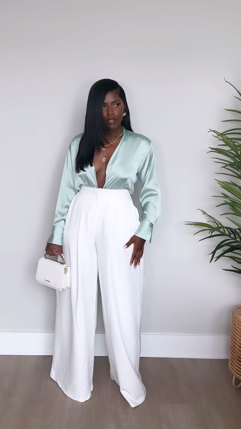 idesign8 on Instagram: Summer in the City Outfits | Pt. I Look I: •Bodysuit: Misslola •Cardigan: H&M •Trousers: Zara •Shoes: Amazon The Drop Staples •Bag: LV… Wide Leg White Pants Outfit Classy, Simple Luxury Outfit, Idesign8 Outfits, Classy Pants Outfits, Silk Outfit Classy, Summer In The City Outfits, Silk Trousers Outfit, Satin Trousers Outfit, White Bodysuit Outfit