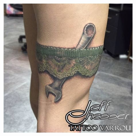 Gearhead Mechanic Wrench Garter Belt Tattoo Female Mechanic Tattoo, Pipefitter Tattoo, Mechanic Tattoo Ideas, Garter Belt Tattoo, Welder Tattoo, Garter Tattoos, Moto Tattoo, Wrench Tattoo, Belt Tattoo